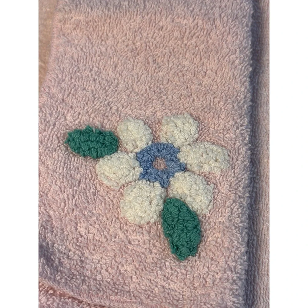 Vintage Martex Embroidered Floral Pink Terry 2pc Hand Towel & Washcloth 70's